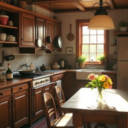 A cozy kitchen scene with a warm and inviting atmosphere