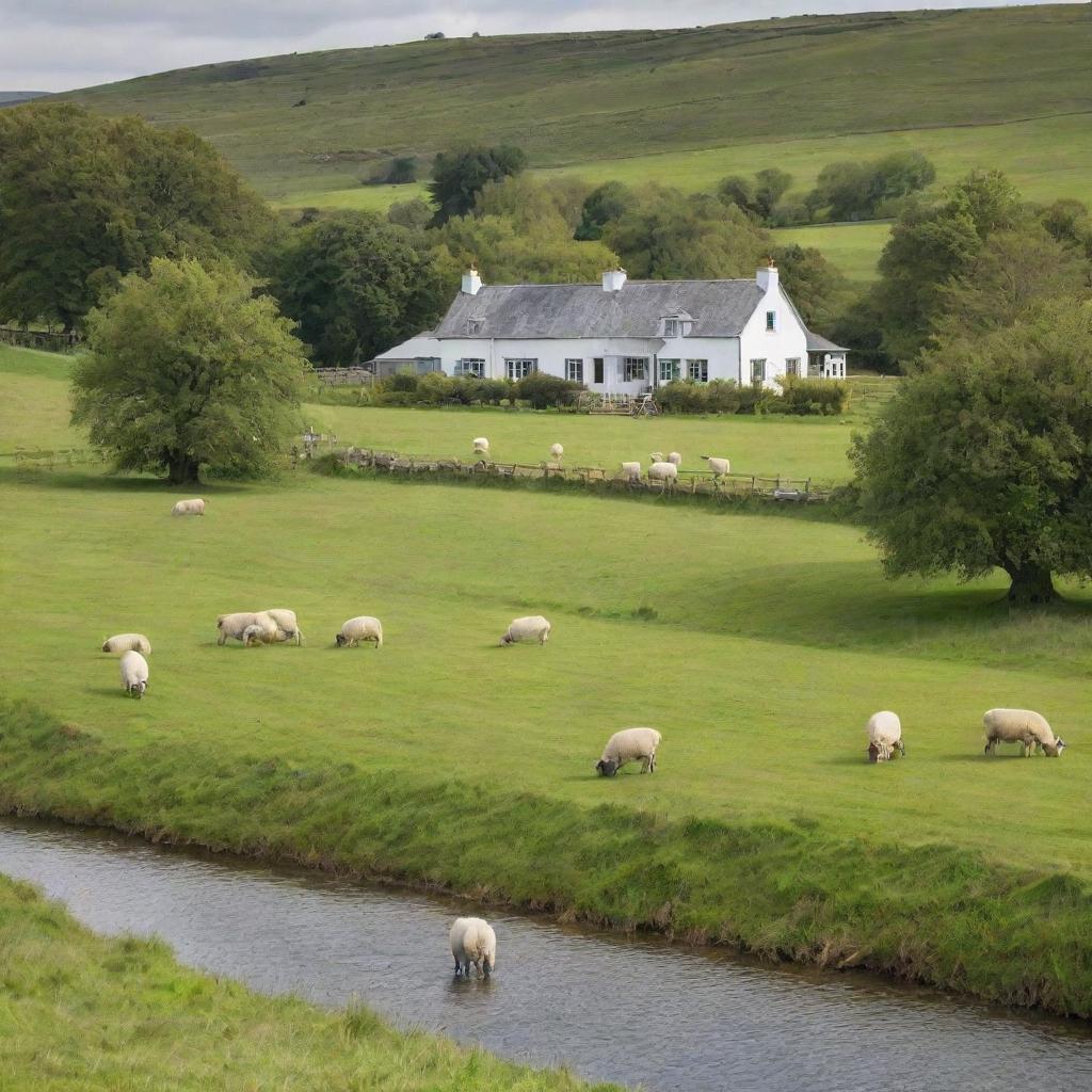 A picturesque country house set in the green pastures with frolicking sheep. Near the house, a thriving fish farm is evident with shimmering waters amidst the tranquility.