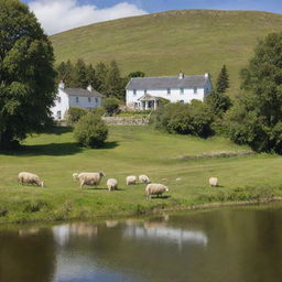 A picturesque country house set in the green pastures with frolicking sheep. Near the house, a thriving fish farm is evident with shimmering waters amidst the tranquility.