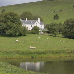 A picturesque country house set in the green pastures with frolicking sheep. Near the house, a thriving fish farm is evident with shimmering waters amidst the tranquility.