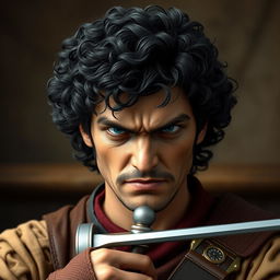 A highly detailed and realistic portrait of an angry young human man with black medium curly hair, a little beard on his chin, and a mustache