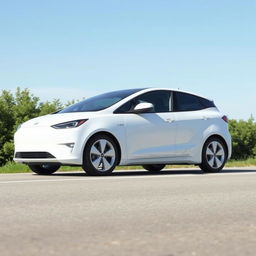 Create a simple, white electric car on a road