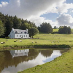 A picturesque country house set in the green pastures with frolicking sheep. Near the house, a thriving fish farm is evident with shimmering waters amidst the tranquility.