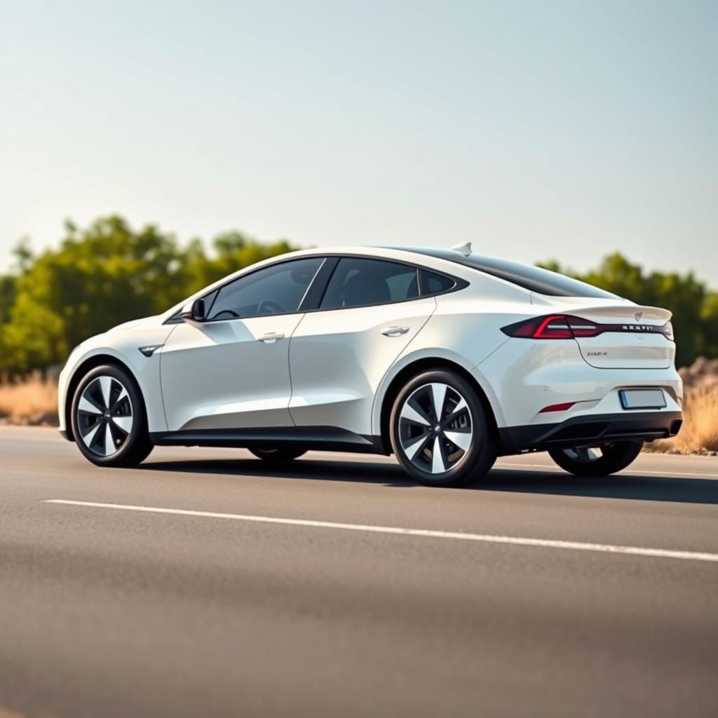 Create an image of a simple, white electric car on a road