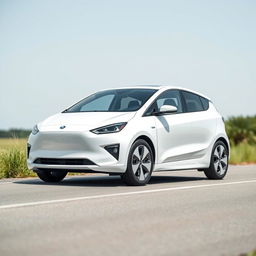 Create an image of a simple, white electric car on a road