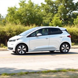 Create an image of a simple, white electric car on a road