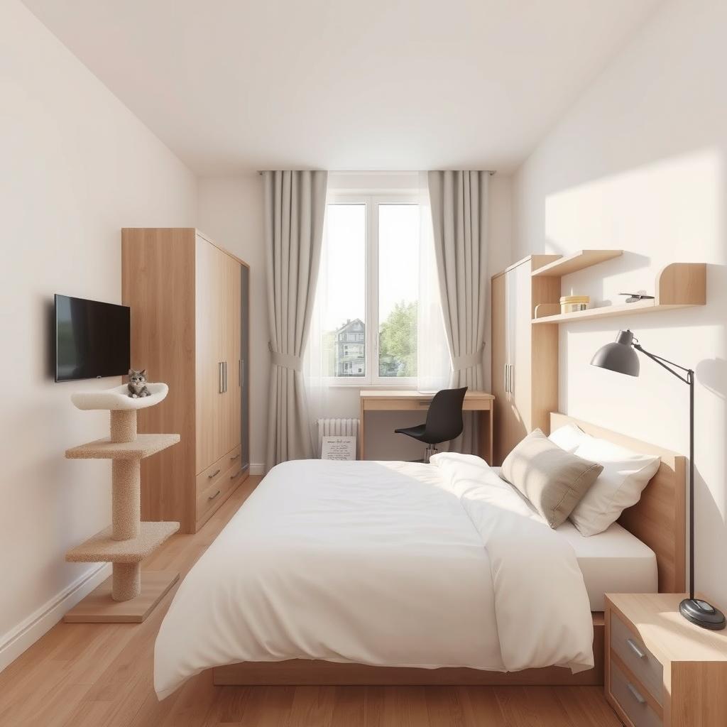 A room design featuring a single bed, a cat scratching post, a desk, a large window, and a wardrobe