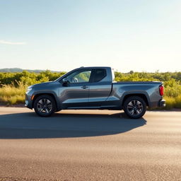 Create an image of a simple, grey electric pickup truck on a road