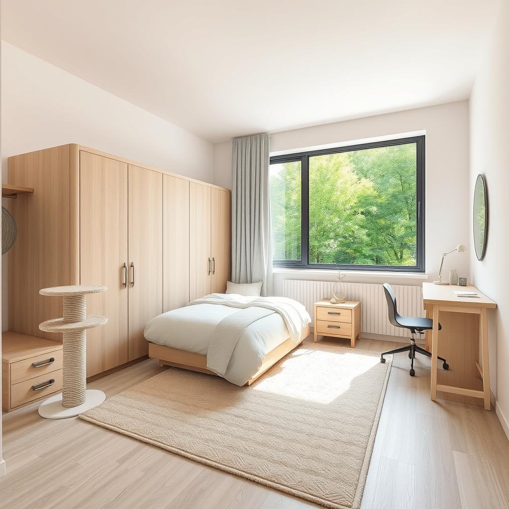 A room design featuring a single bed, a cat scratching post, a desk, a large window, and a wardrobe