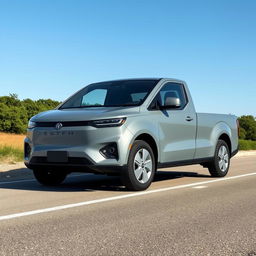 Create an image of a simple, grey electric pickup truck on a road