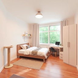 A room design featuring a single bed, a cat scratching post, a desk, a large window, and a wardrobe