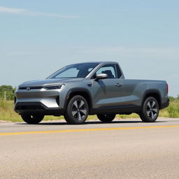 Create an image of a simple, grey electric pickup truck on a road