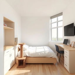 A room design featuring a single bed, a cat scratching post, a desk, a large window, and a wardrobe