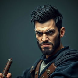 A highly detailed and realistic portrait of an angry young human man with black hair styled like Tin Tin and a little beard