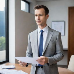 Illustrate a transition from a Sales Ambassador with casual attire, clip board, and a friendly demeanor, to a formal, well-dressed Sales Executive at a high-rising office, holding strategic meetings and making crucial decisions.