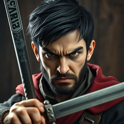 A highly detailed and realistic portrait of an angry young human man with black hair styled like Tin Tin and a little beard