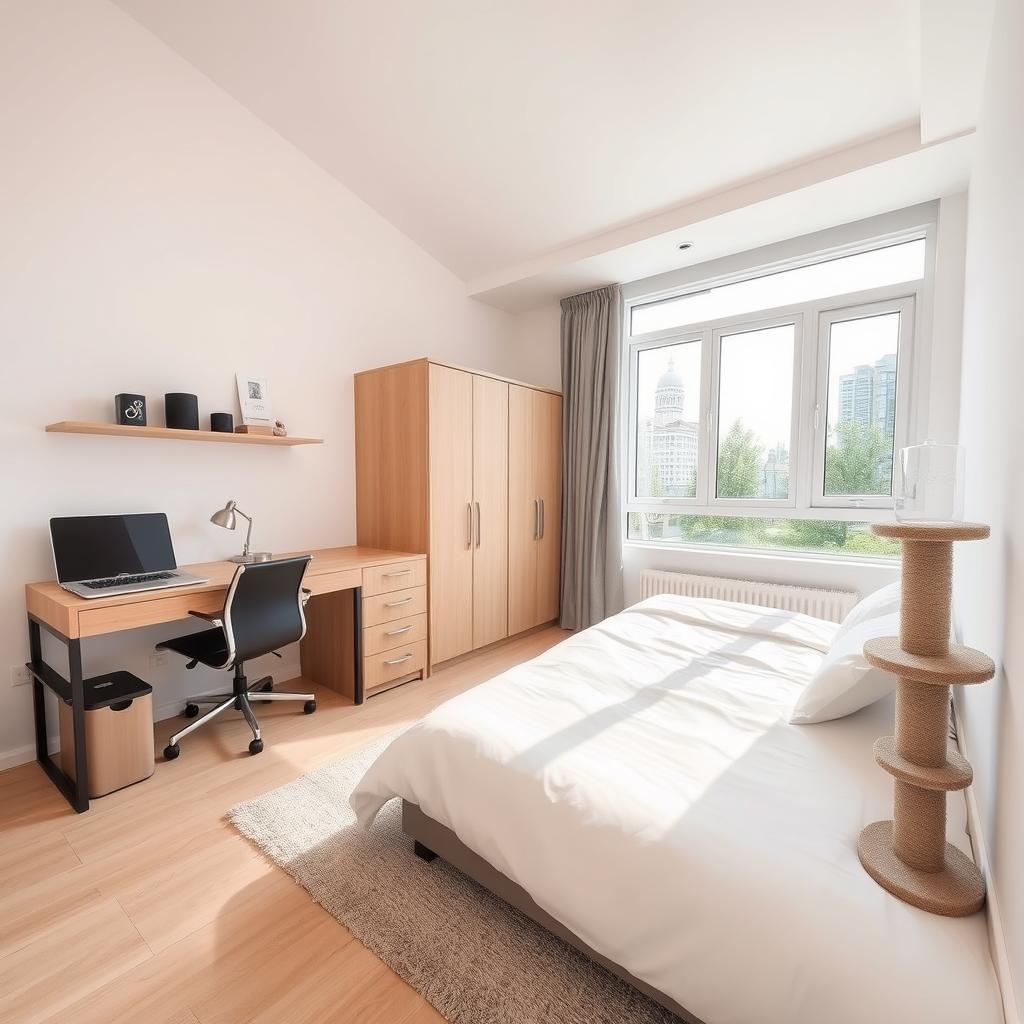 An interior room design featuring a single bed, a desk, a large window, a cat scratching post, and a wardrobe