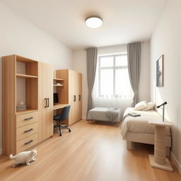 An interior room design featuring a single bed, a desk, a large window, a cat scratching post, and a wardrobe