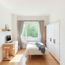 An interior room design featuring a single bed, a desk, a large window, a cat scratching post, and a wardrobe