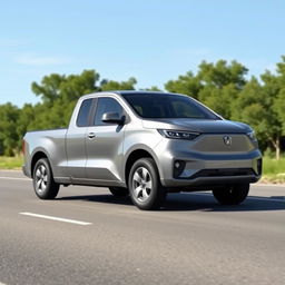 Create an image of a simple, grey electric pickup truck on a road