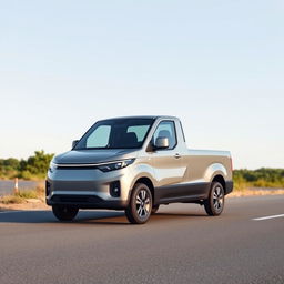 Create an image of a simple, grey electric pickup truck on a road