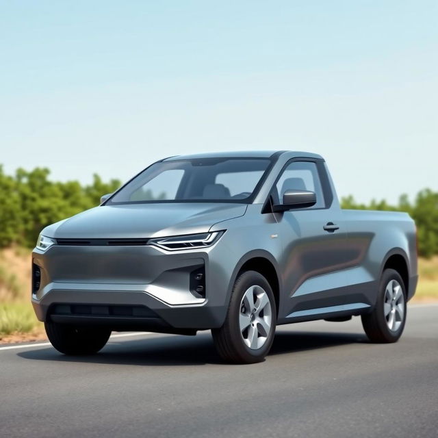 Create an image of a simple, grey electric pickup truck on a road