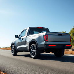 Create an image of a simple, grey electric pickup truck on a road