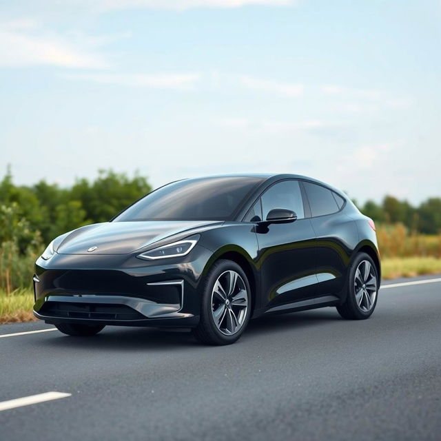 Create an image of a simple, black electric car on a road