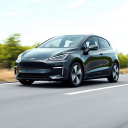 Create an image of a simple, black electric car on a road