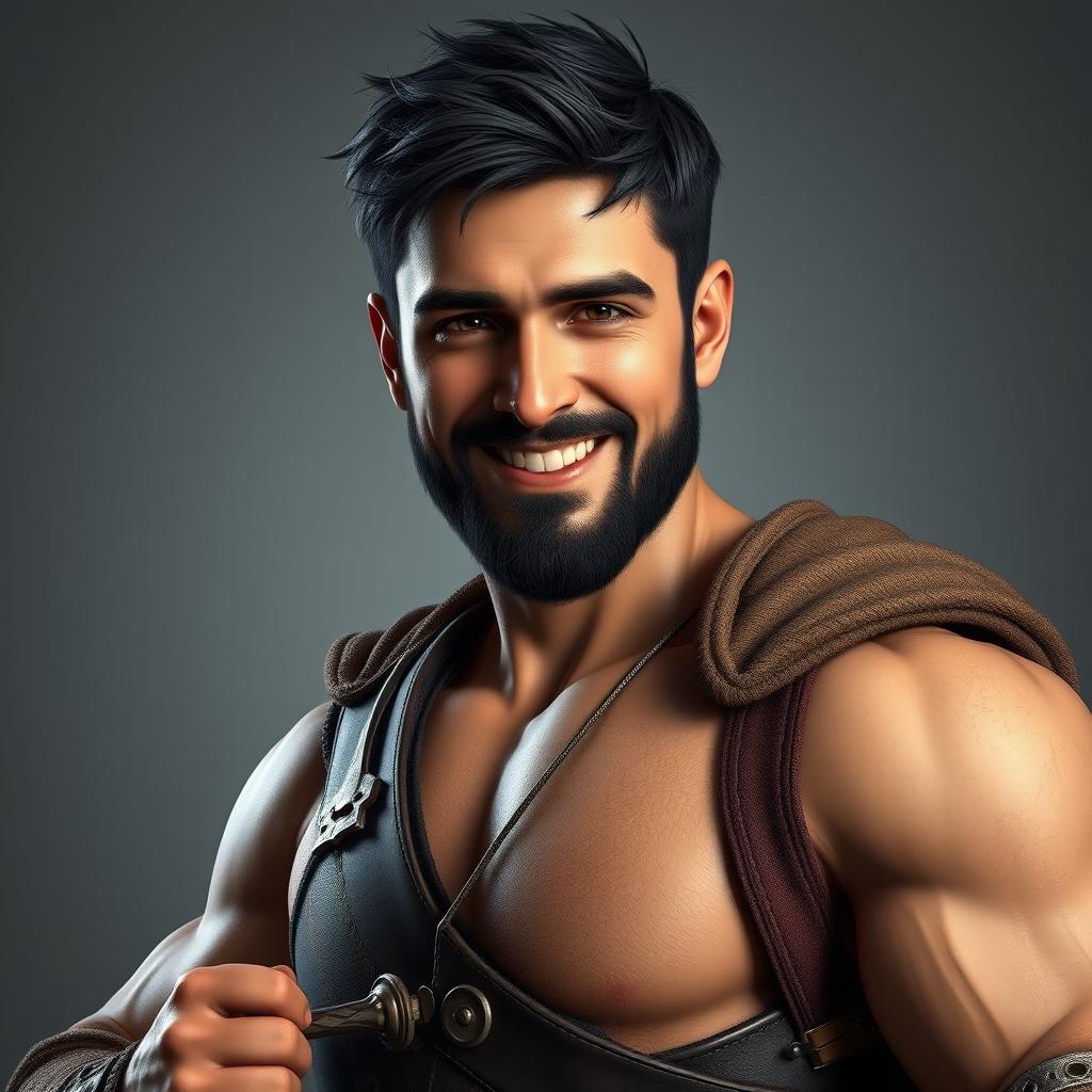 A highly detailed and realistic portrait of a happy young muscular human man with short black hair and a beard