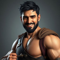 A highly detailed and realistic portrait of a happy young muscular human man with short black hair and a beard