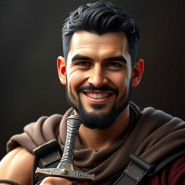 A highly detailed and realistic portrait of a happy young muscular human man with short black hair and a beard