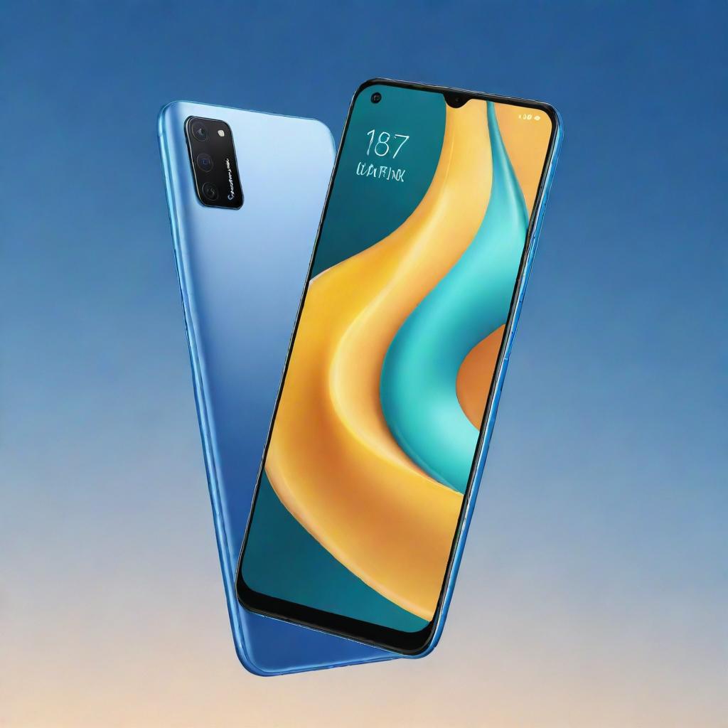 An artful propaganda poster of the Realme 7 smartphone, displaying not only the device but also its main features in descriptive text. The poster should have a dynamic and riveting design.