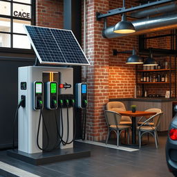 Create an image of an electric charging station with 8 chargers, powered by solar panels