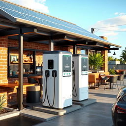 Create an image of an electric charging station with 8 chargers, powered by solar panels