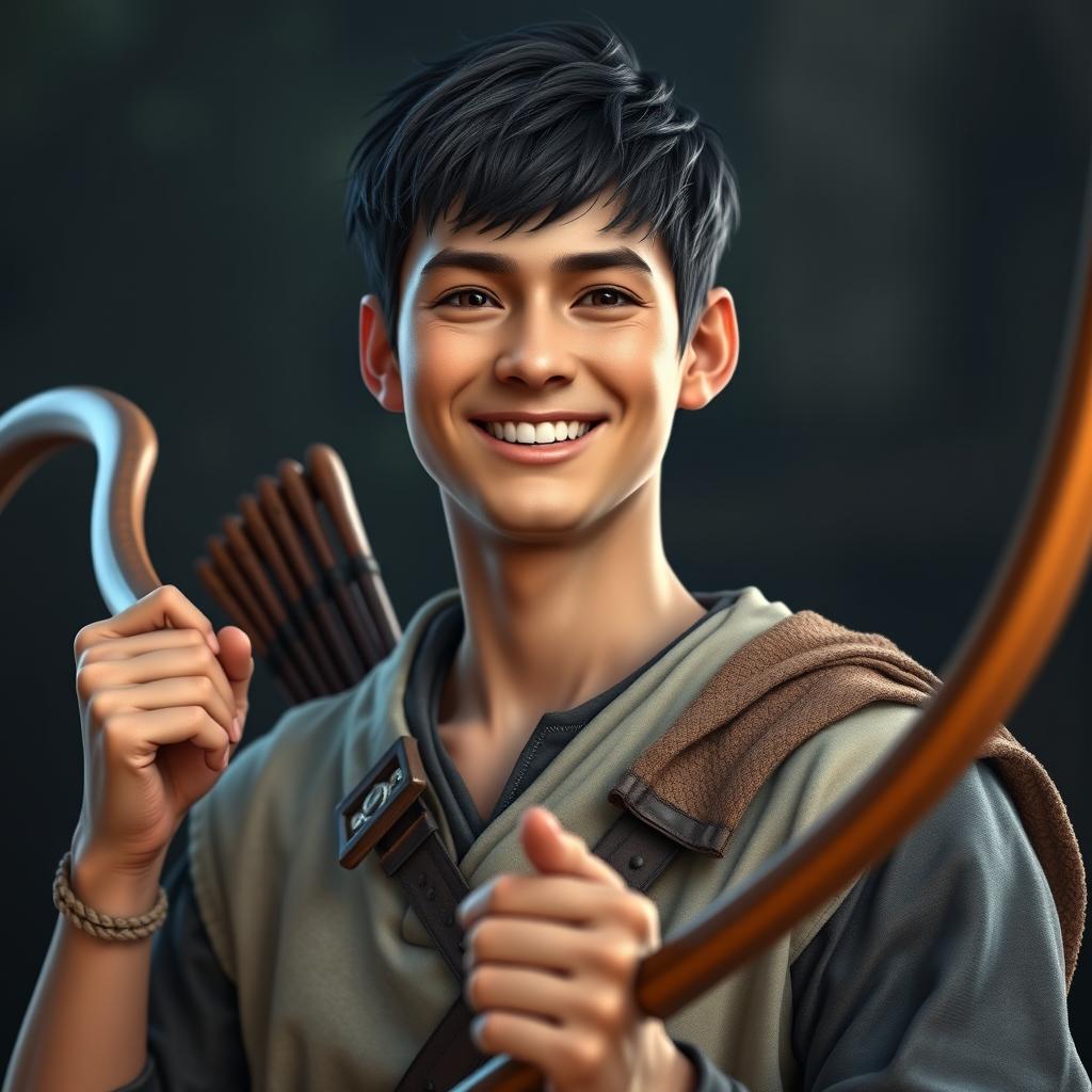 A highly detailed and realistic portrait of a happy young skinny human man with short black hair