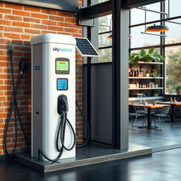 Create an image of an electric charging station with 8 chargers, powered by solar panels