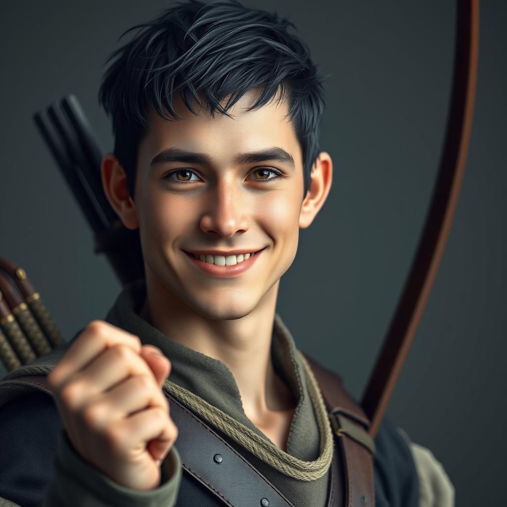 A highly detailed and realistic portrait of a happy young skinny human man with short black hair