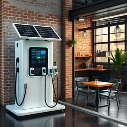 Create an image of an electric charging station with 8 chargers, powered by solar panels