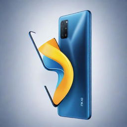 An artful propaganda poster of the Realme 7 smartphone, displaying not only the device but also its main features in descriptive text. The poster should have a dynamic and riveting design.