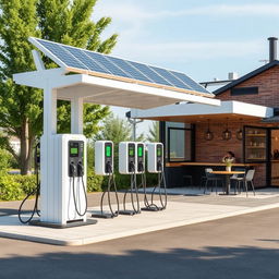 Create an image of an electric charging station with 8 chargers positioned like a gas station, powered by solar panels