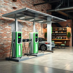 Create an image of an electric charging station with 8 chargers positioned like a gas station, powered by solar panels