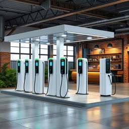 Create an image of an electric charging station with 8 chargers positioned like a gas station, powered by solar panels