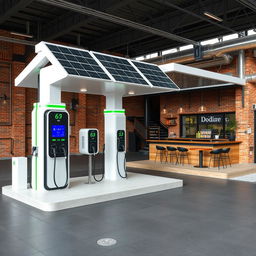 Create an image of an electric charging station with 8 chargers positioned like a gas station, powered by solar panels