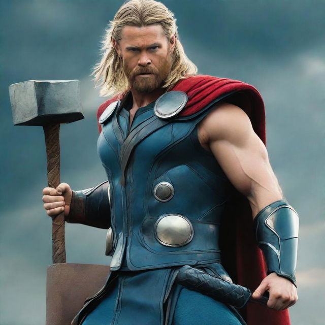 Marvel Studios' Thor, standing heroically with his hammer Mjolnir, ready for battle