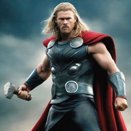 Marvel Studios' Thor, standing heroically with his hammer Mjolnir, ready for battle