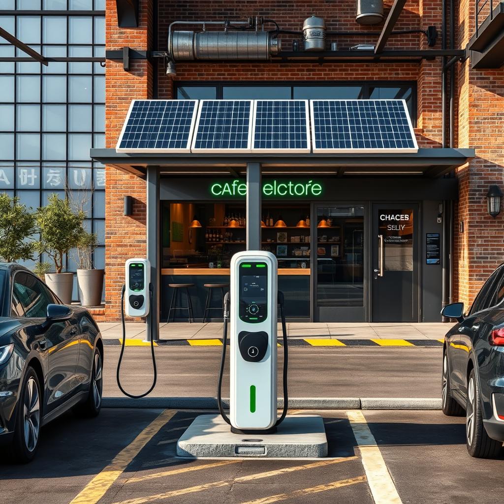 Create an image of an electric charging station with 8 chargers, each with its own parking space, positioned like a gas station and powered by solar panels