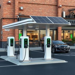 Create an image of an electric charging station with 8 chargers, each with its own parking space, positioned like a gas station and powered by solar panels