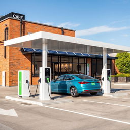 Create an image of an electric charging station with 8 chargers, each with its own parking space, positioned like a gas station and powered by solar panels