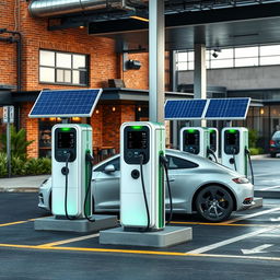 Create an image of an electric charging station with 8 chargers, each with its own parking space, positioned like a gas station and powered by solar panels